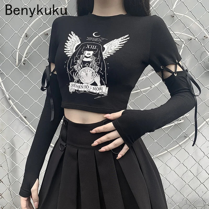 Witch Print Black Bodycon Cropped Tops Women Gothic Harajuku Punk Patchwork Long Sleeve Slim T-shirts Fashion Autumn Female Top