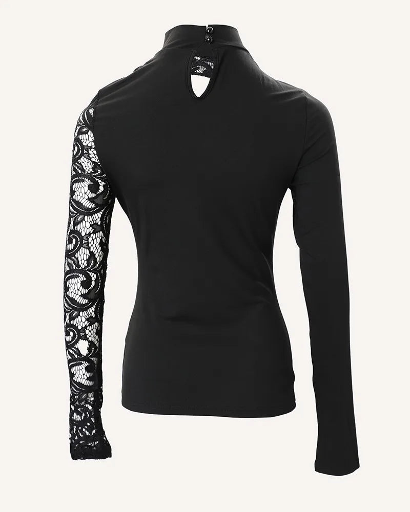 Sexy Contrast Lace Cutout Long Sleeve Top – Fashion Women’s Shirt for Autumn, Winter, and Spring Blouses