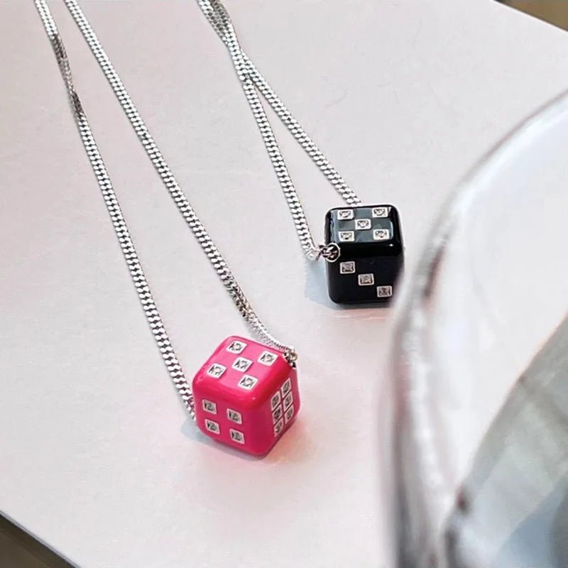 Y2K Zircon Square Black Rose Pink Dice Pendant Necklace | Korean Fashion Stainless Steel Chain Jewelry for Women