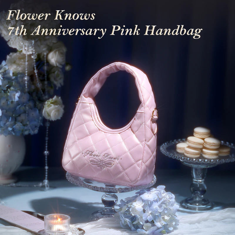 Flower Knows 7th Anniversary Pink Handbag PU Leather Bag Solid Color Small Tote Bag