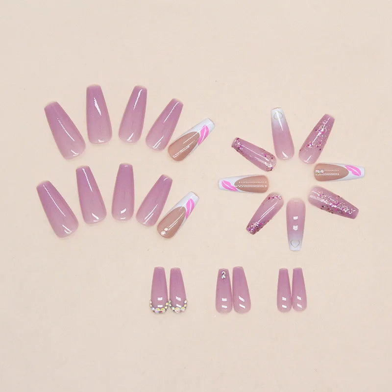 24 Pieces Fake Nails with 1 Nail Glue and 1 Nail File – Pink Lips and Gems Design