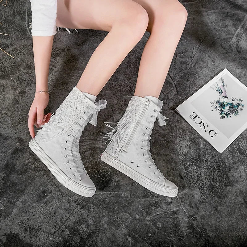 Ryamag New Women’s Short Beaded Tassel Canvas Boots - Embroidery Lace-Up Zipper Comfortable Vulcanized Sneakers