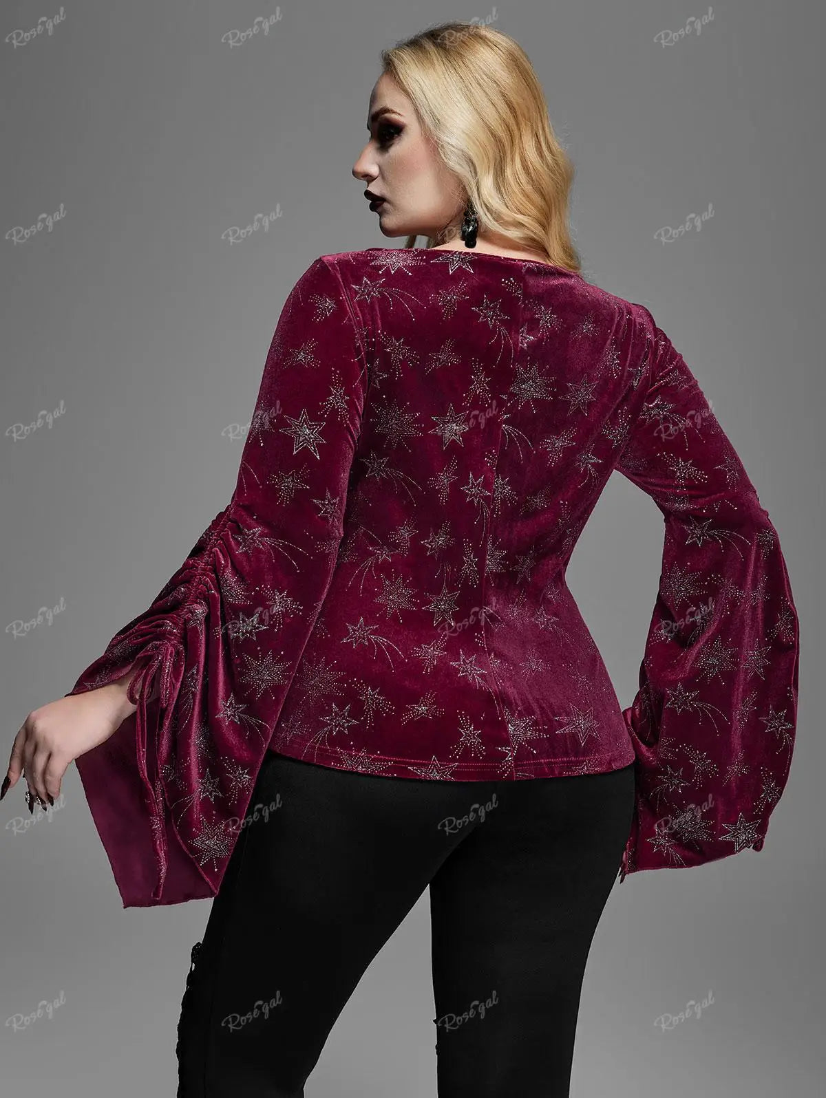 ROSEGAL Plus Size Gothic Velvet T-shirt For Women Spring Autumn Wine Red Blouses Star Printed Cinched Flare Sleeves Top