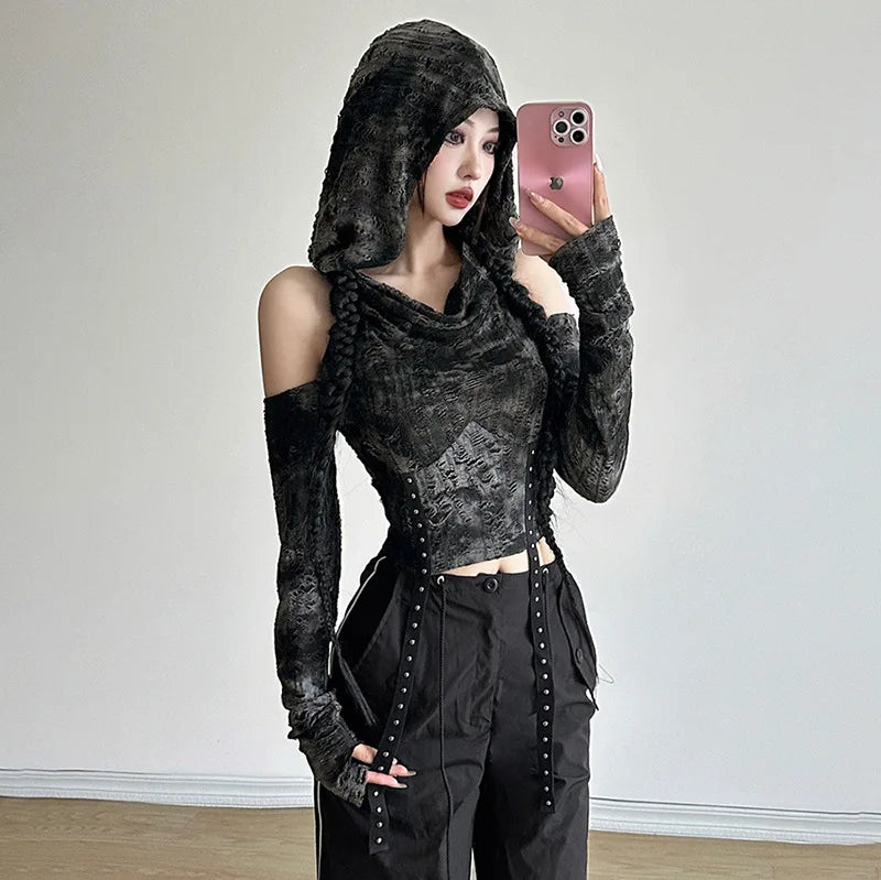 Patchwork Retro Trendy Personalized Women's Hooded Shoulder Short Top: High Street Personality, Cool and Sexy Youth Girls Fashion