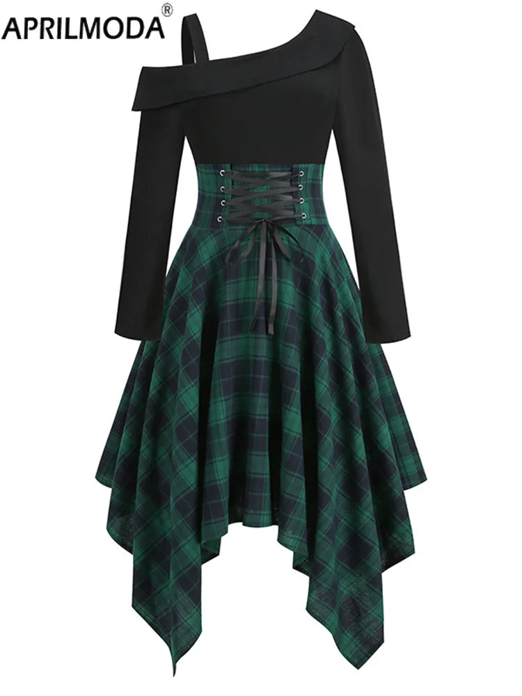 Asymmetrical Plaid Patchwork Dress – Women’s Gothic Grunge Aesthetic Flare Dress, Autumn Fashion