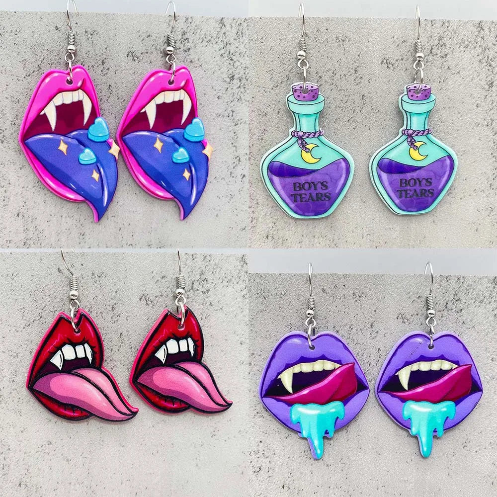 Halloween Earrings - Terror Triangular Plaque Bottles Large Lips Acrylic Earrings for Women, Halloween Decorations Gift