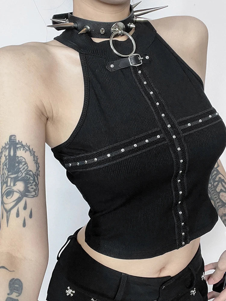 InsGoth Gothic Basic Suspender Vest | Women’s Summer E-Girl Punk Streetwear Tank Top | Harajuku Cold Shoulder Grunge Camisole