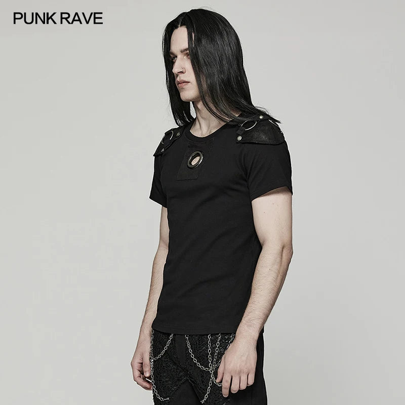 PUNK RAVE Men's Punk Handsome Distinctive Cracked Leather Knit T-shirt with Detachable Armor Decoration Personality Casual Tops