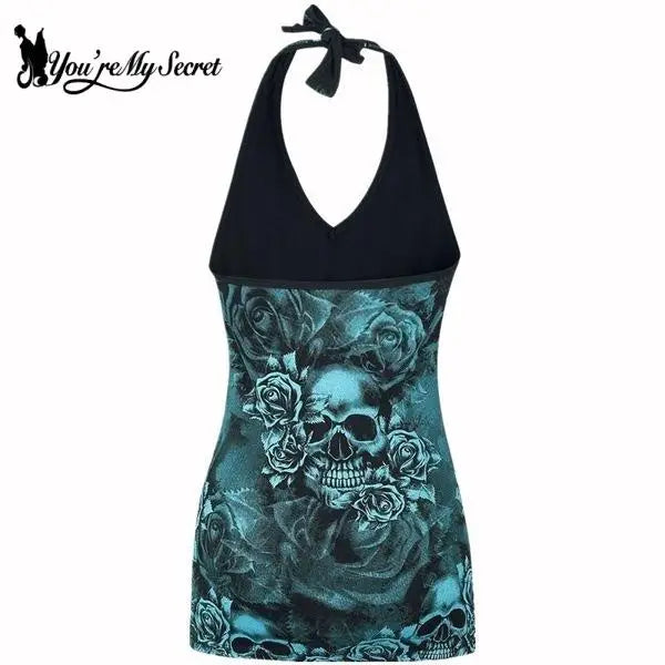 [You're My Secret] Fashion Woman Clothes Spring and Summer Camisole Vest Skull Printing Sexy Halter Sleeveless T-Shirt Tank Top