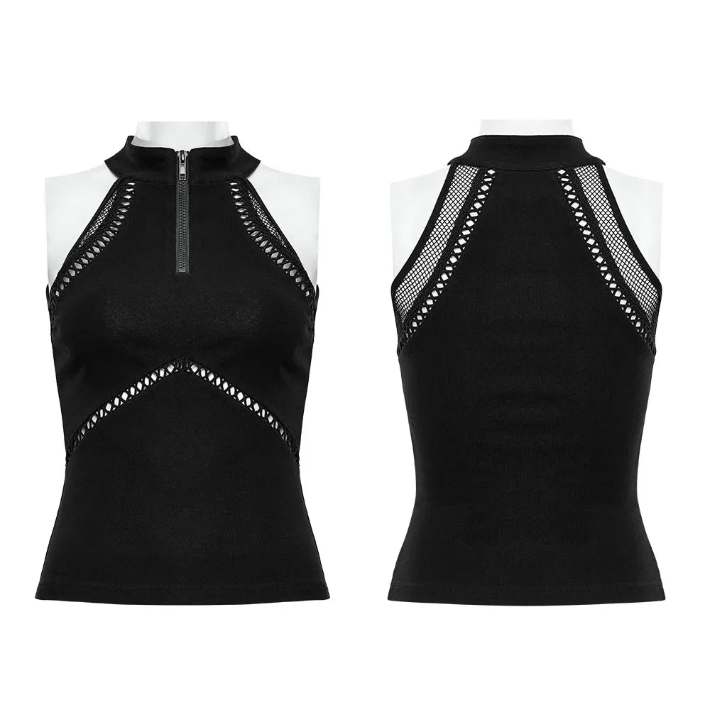 PUNK RAVE Women's Punk Slim Sexy Vest - Gothic Splicing with Elastic Mesh and Hollow Out Webbing, Black Tank Top for Summer