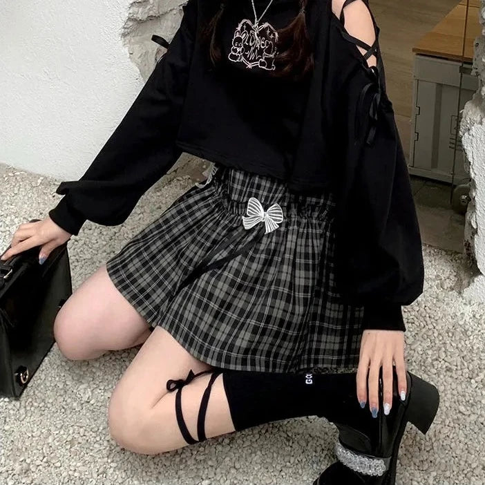 Kawaii Gothic Lolita Plaid Skirt - Women's Goth Bow Black High Waist A-line Mini Skirt, Japanese Style Harajuku Soft Girl