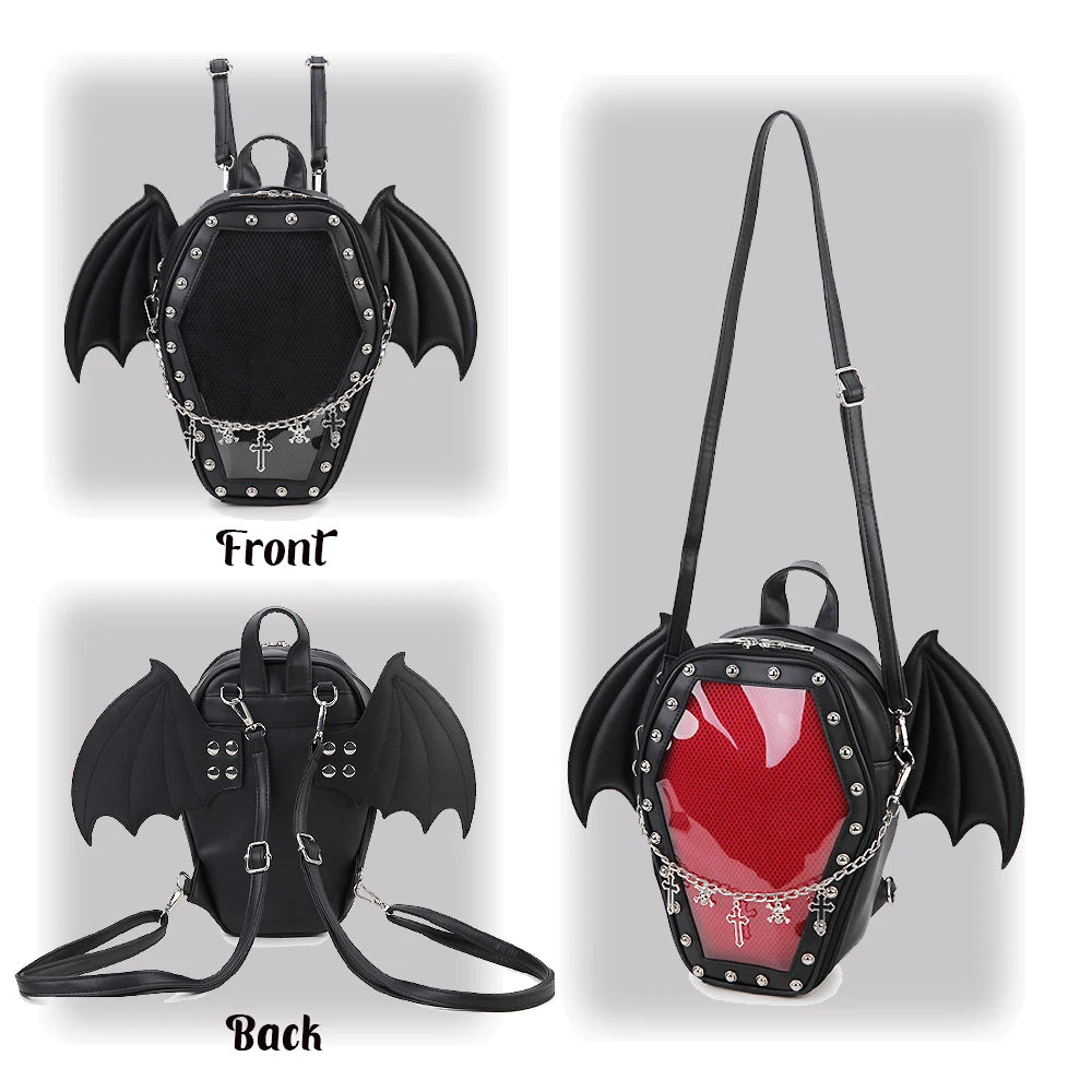 Bat Wings 3D Coffin Shaped PU Mix Goth Inspired Backpack And Crossbody Handbags - Various Designs