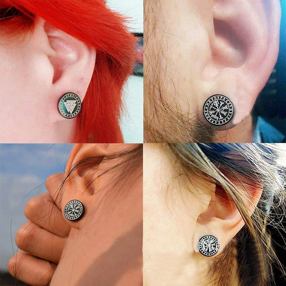 Gothic Norse Viking Runes Stud Earrings – Stainless Steel Valknut, Wolf Head, Celtic Knot Earrings for Men & Boys