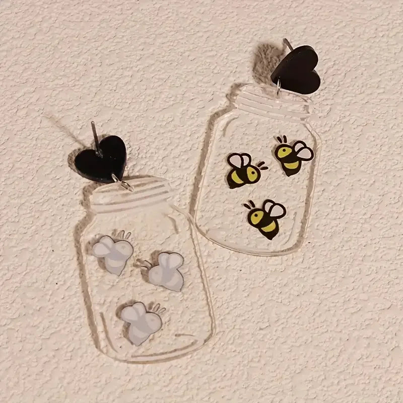 Acrylic Bee Bottle Design Dangle Earrings – Cute Cartoon Animal Playful Style, Everyday Casual Chic Jewelry, Perfect Gift