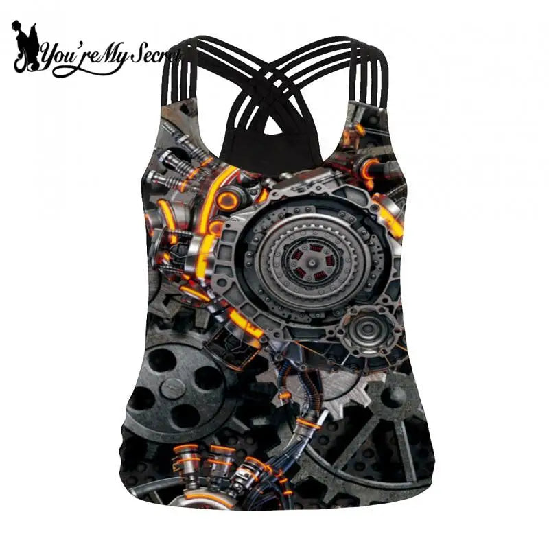 [You're My Secret] New Steampunk Tank Tops 3D Mechanical Gear Printed Shirt Women Sexy Camis Summer Sleeveless Thin Straps Top