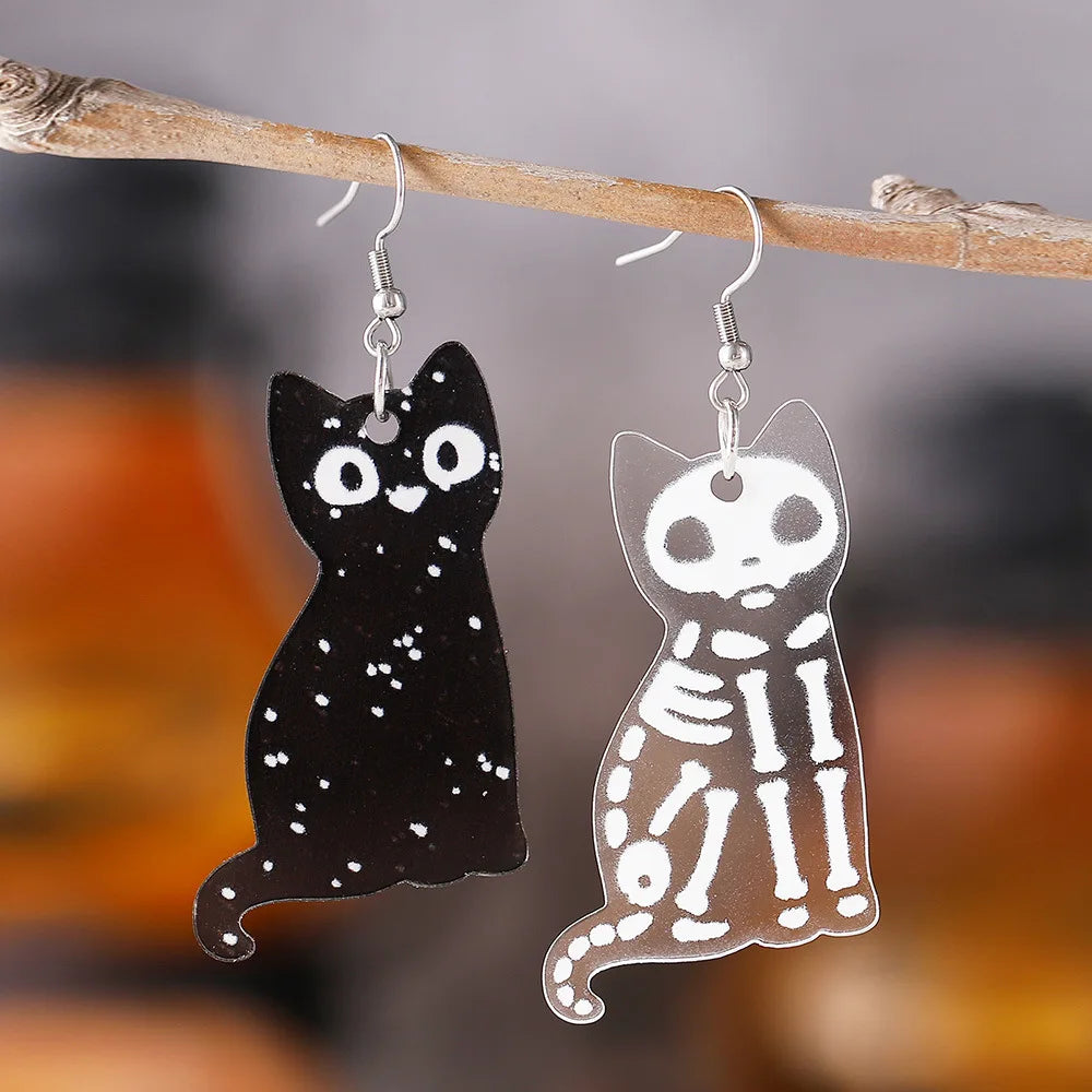 New Halloween Black and White Skeleton Cat Earrings | Transparent Acrylic Dark Party Decoration