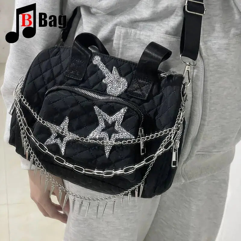 Goth Punk Women's Fashion Handbag - Casual Crossbody Diamond Shoulder Bag, Oxford Cloth Waterproof All-Match Messenger