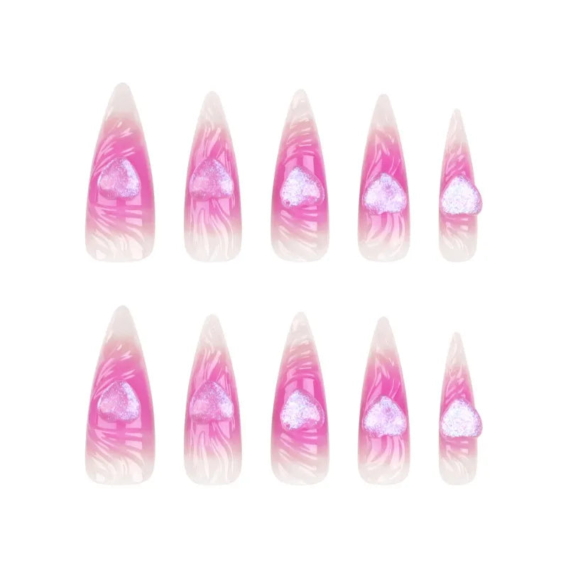 24pcs Pink 3D Love Extra Long Fake Nail Stiletto False Nail Art Full Cover Shiny Fashion Luxury Press on Nails Tips for Women