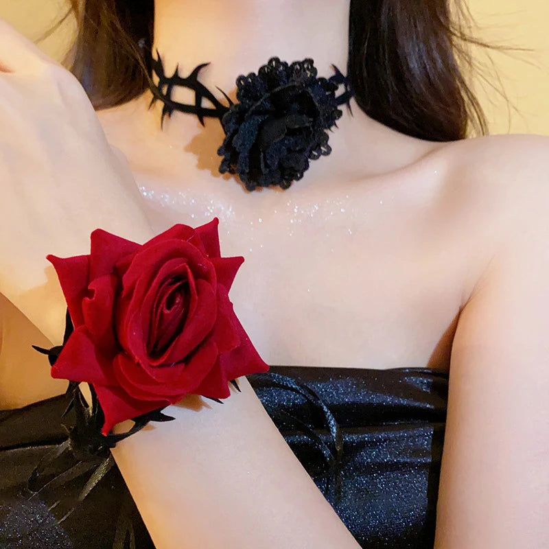 Retro Flower Adjustable Rope Collar Necklace | Gothic Thorny Red Rose Choker for Halloween Cosplay Party Accessories