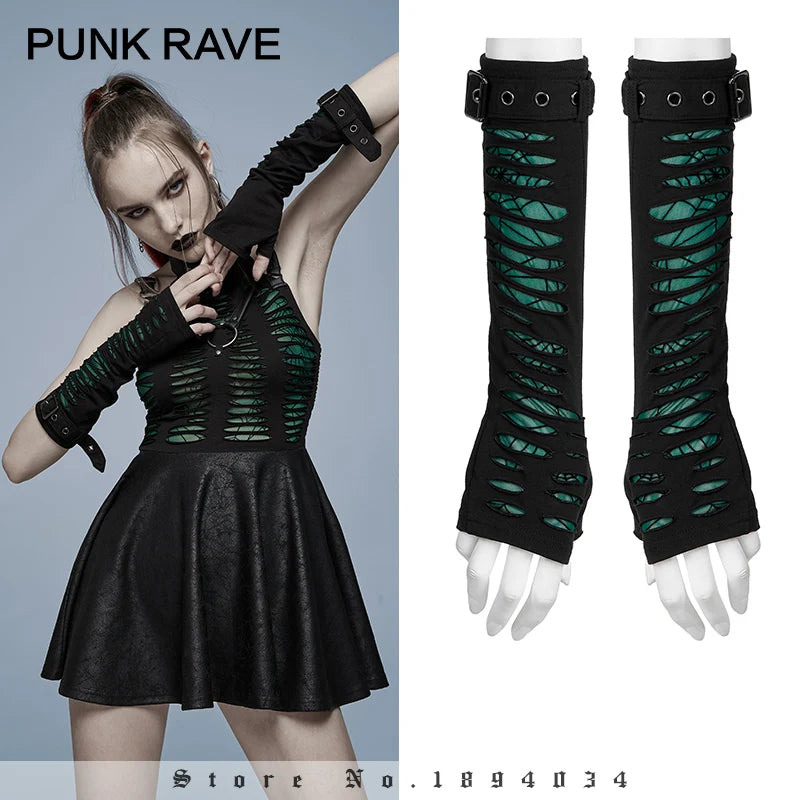 PUNK RAVE Women’s Gothic Cut Knitted Spider Pattern Mesh Gloves – Removable Loop Decoration, Party Club Accessories