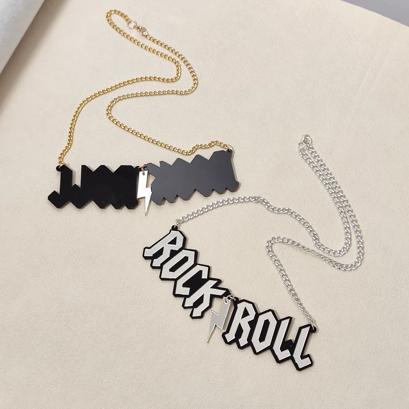 KUGUYS ROCK ’N ROLL Pendant Necklace - Punk Acrylic Letter Jewelry for Women and Men, Clavicle Chain Accessories