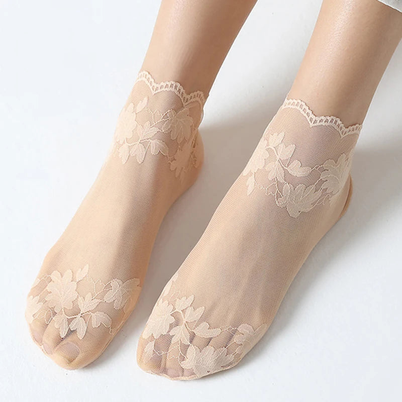 5 Pairs Summer Breathable Women Socks, Elastic Thin Leaves Design, Transparent Lace Invisible Lolita Boat Socks