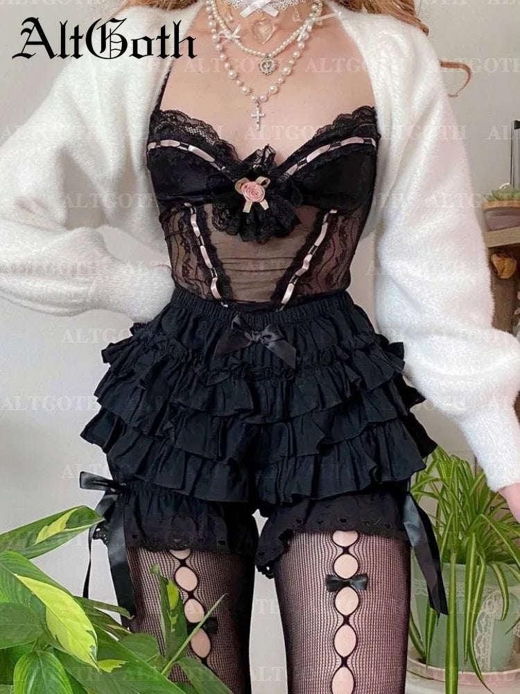 AltGoth Cute Lolita Shorts - Mall Goth Fairycore Grunge Streetwear with Kawaii Bow Patchwork, Women's Cosplay Shorts