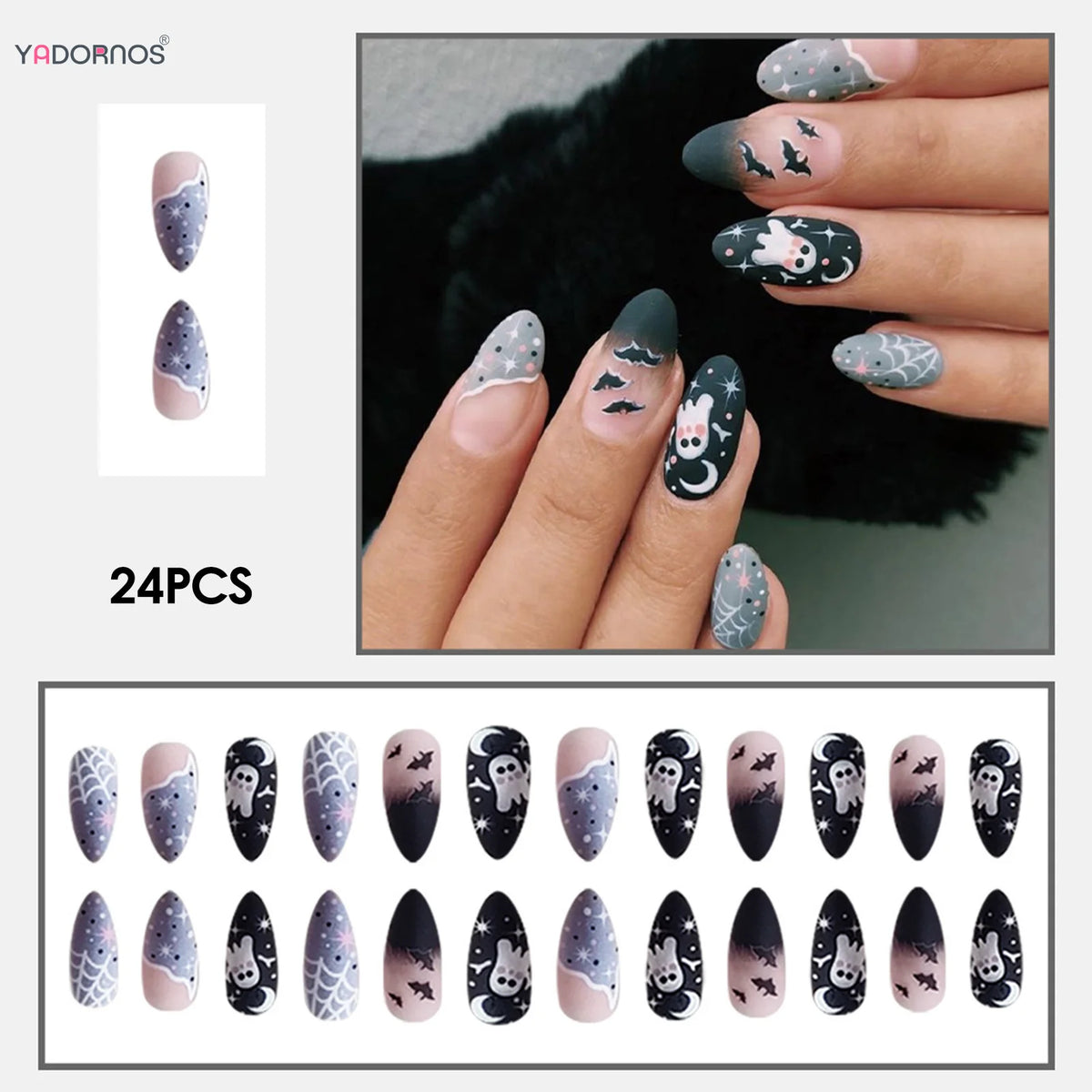 24Pcs Halloween Almond Fake Nails – Gradient Black Press-On Nails with Bat, Spider Web, Ghost, and Star Designs