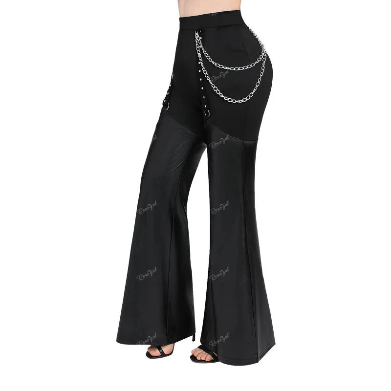 ROSEGAL Plus Size Black Flare Pants Chain O-Ring PU Leather Patchwork Grommet Pocket Trousers 2023 Women Fashion Casual Pants Up To 4X