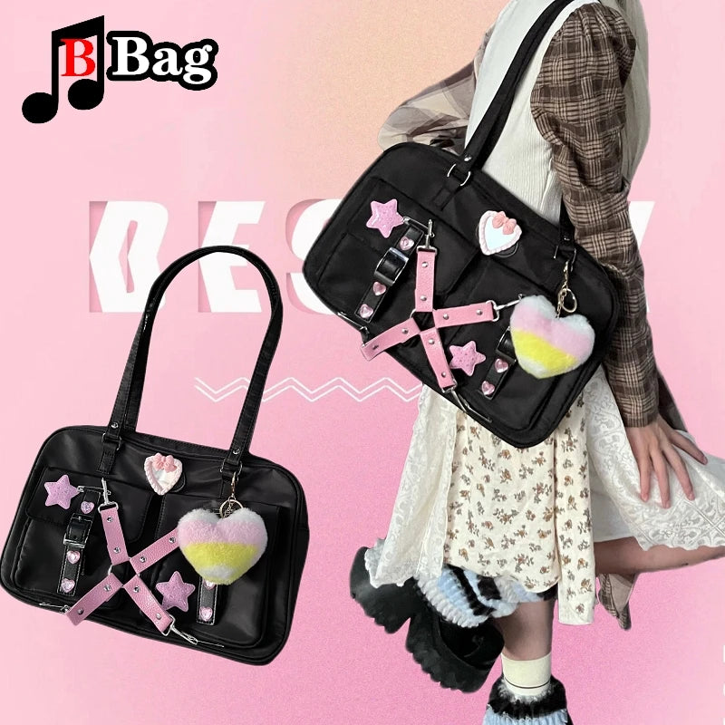 Large Capacity Harajuku Style Pink Detail with Plush Keychain Shoulder Handbag