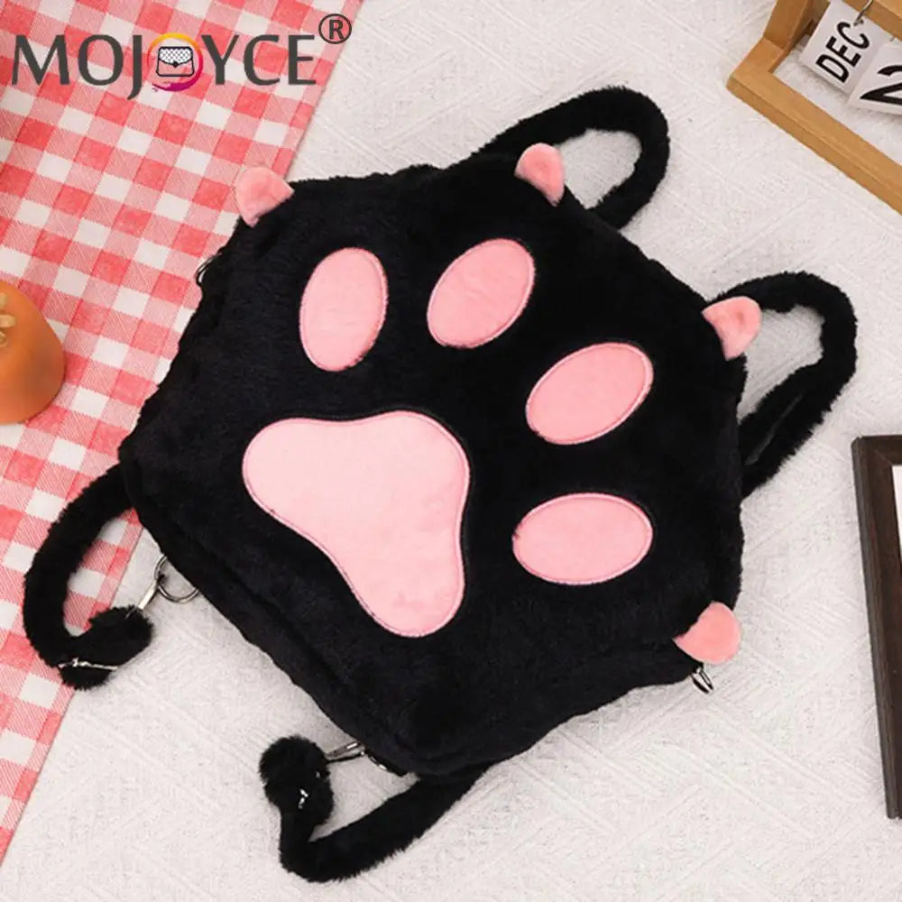 Cute Cat Paw Plush Backpack – Soft Furry Cartoon Purse with Adjustable Straps for Women and Girls