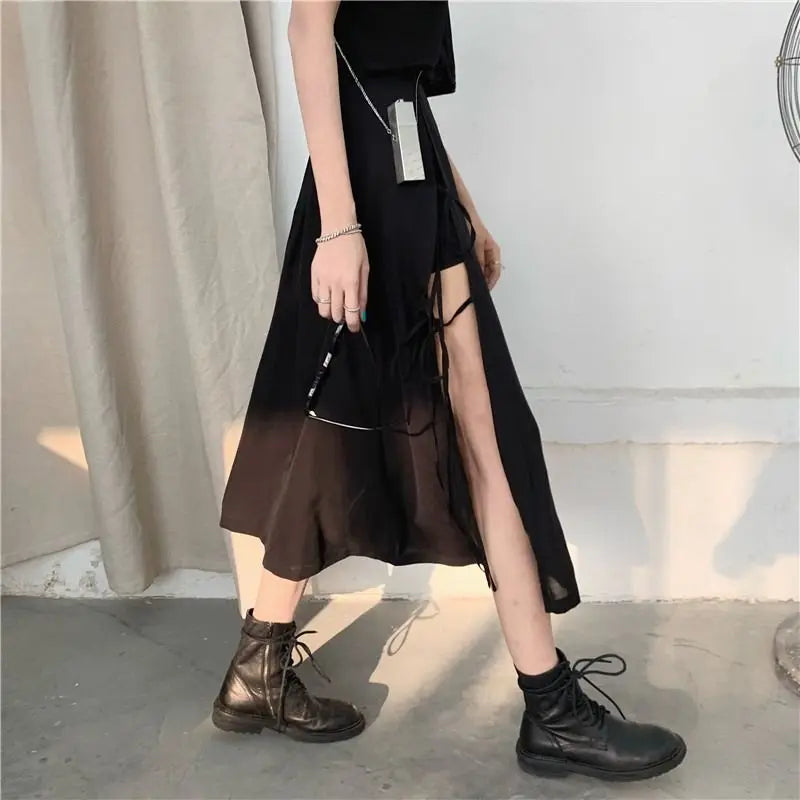 Vintage Dark Gothic High Split Mid-Calf Skirt: Elegant Fashion for Women's Party Club, High Waist Femme Bottom Streetwear Goth Style