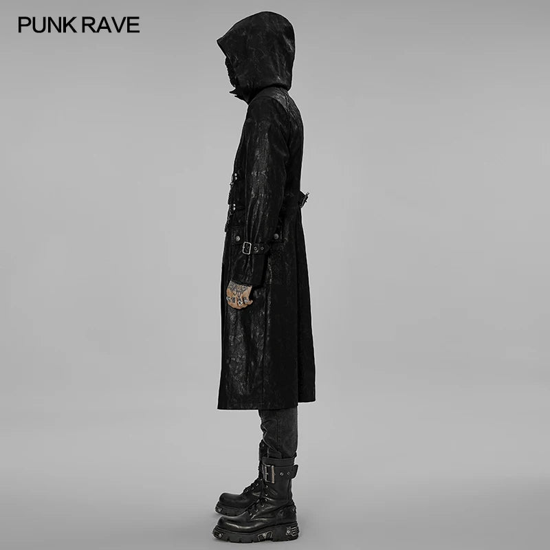 PUNK RAVE Men's Punk Hooded Stand Collar Printing Coat Metal Chains Lobster Buttons Personality Long Jacket Autumn/Winter