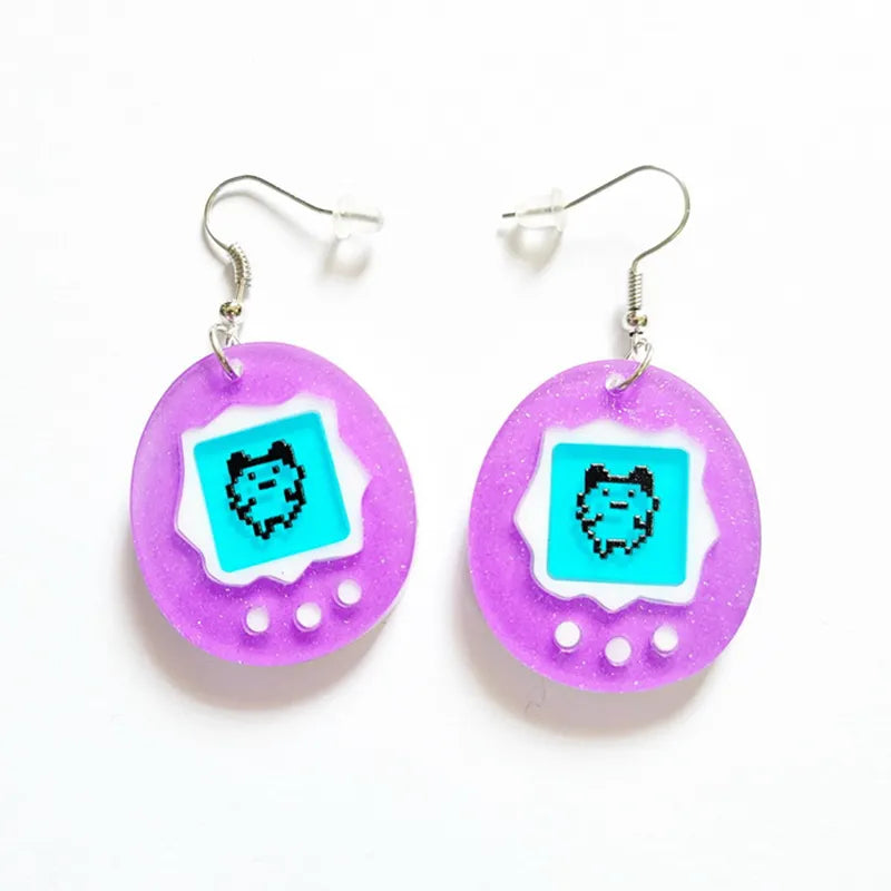 Cute Simulation Purple Electronic Pet Egg Acrylic Earrings - Funny Cartoon Game Drop Earrings Gift for Women