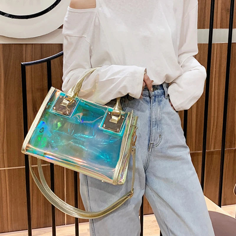 Fashion Laser PVC Jelly Tote Handbag for Women Large Capacity Transparent Top Handle Bags with Coin Wallet Lady Shopping Purse