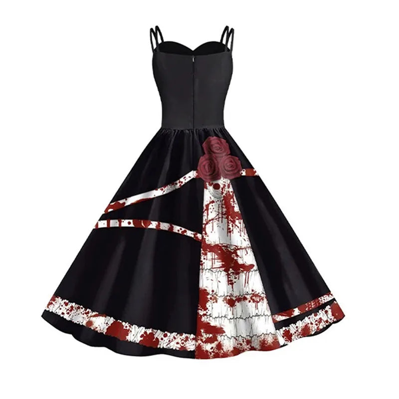 Vintage Halloween Pleated Dresses Women Casual Sleeveless Scary Printed Slip Dress Loose Lady Festival Party Spring Summer