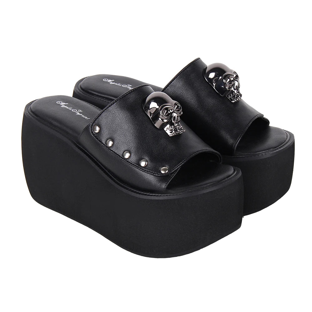 Women and Girls Lolita Punk Rock Slide Sandals - 10cm Platform Shoes with Skull Rivet Details