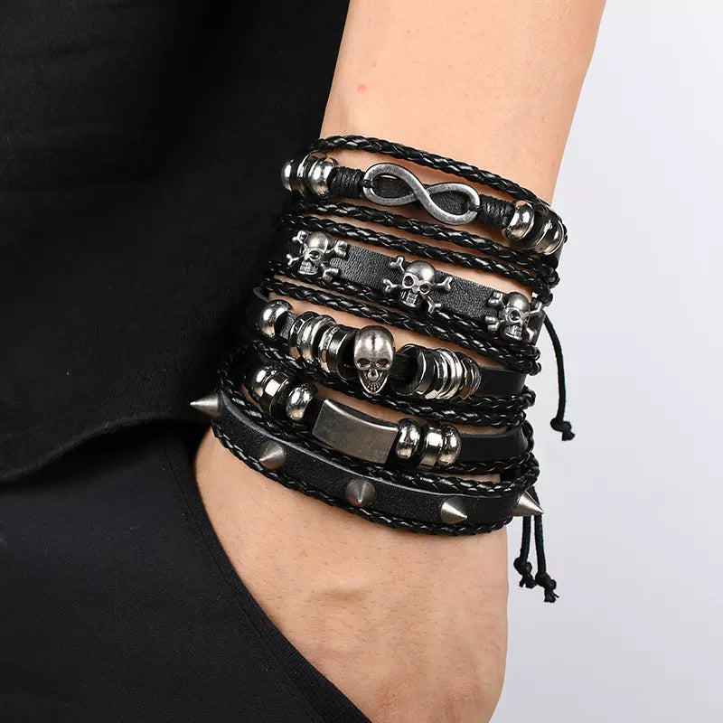 Men's Viking Skull Bracelet - Fashion Woven Leather Hand Jewelry, Adjustable Set