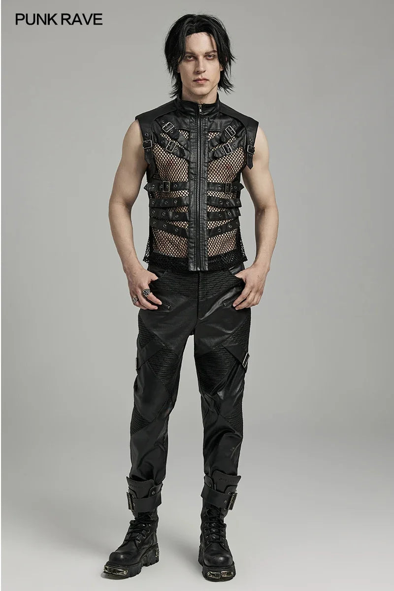 PUNK RAVE Men's Punk Personality Mesh Handsome Hollow Vest Daily Unrestrained Sexy Cool Blak Tops Men Clothing Summer