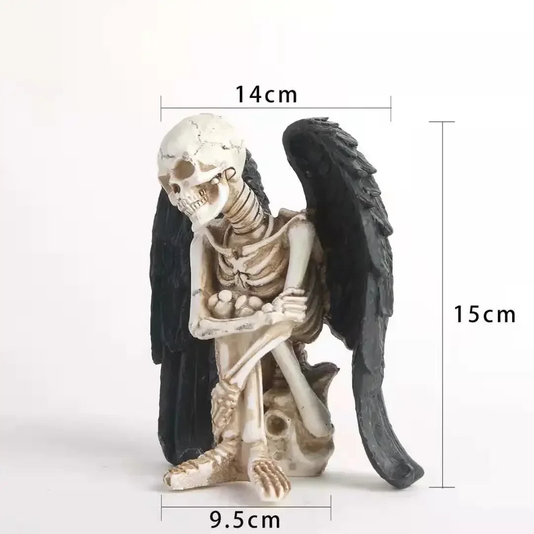 Resin Skeletons Statue with Black Angel Wings | Collectible Skull Figurine for Home Decor