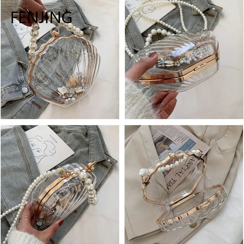 Women’s Transparent Shell Evening Bag – Acrylic Clutch Box Handbag with Pearl Chain, Crossbody Shoulder Purse