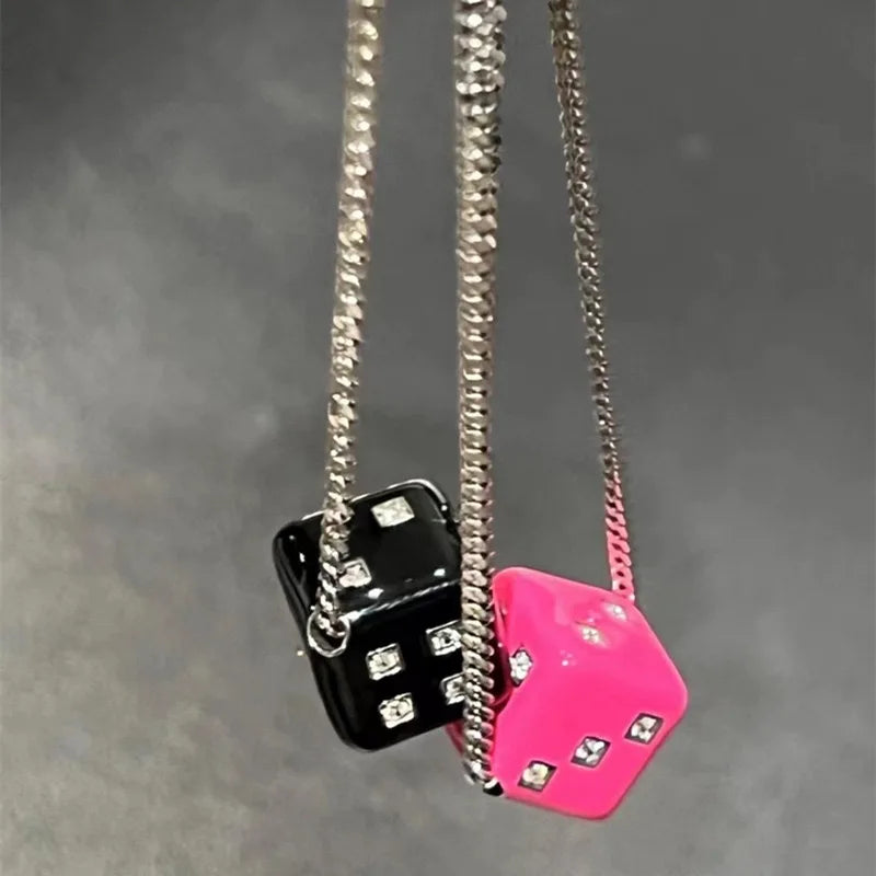 Y2K Zircon Square Black Rose Pink Dice Pendant Necklace | Korean Fashion Stainless Steel Chain Jewelry for Women