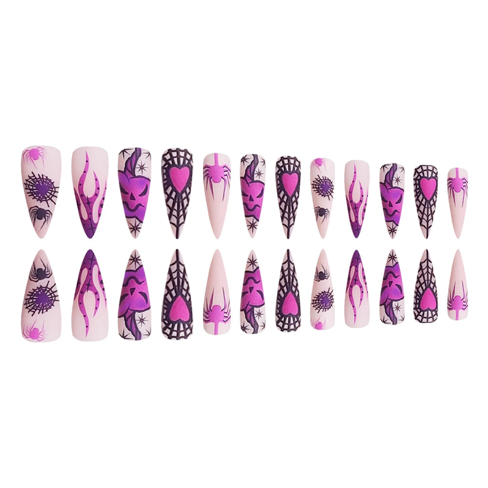 24pcs Halloween Purple Flame wearable Fake Nails Long Stiletto False Nails French Ballerina Press on Nails DIY Manicure Nail Tip