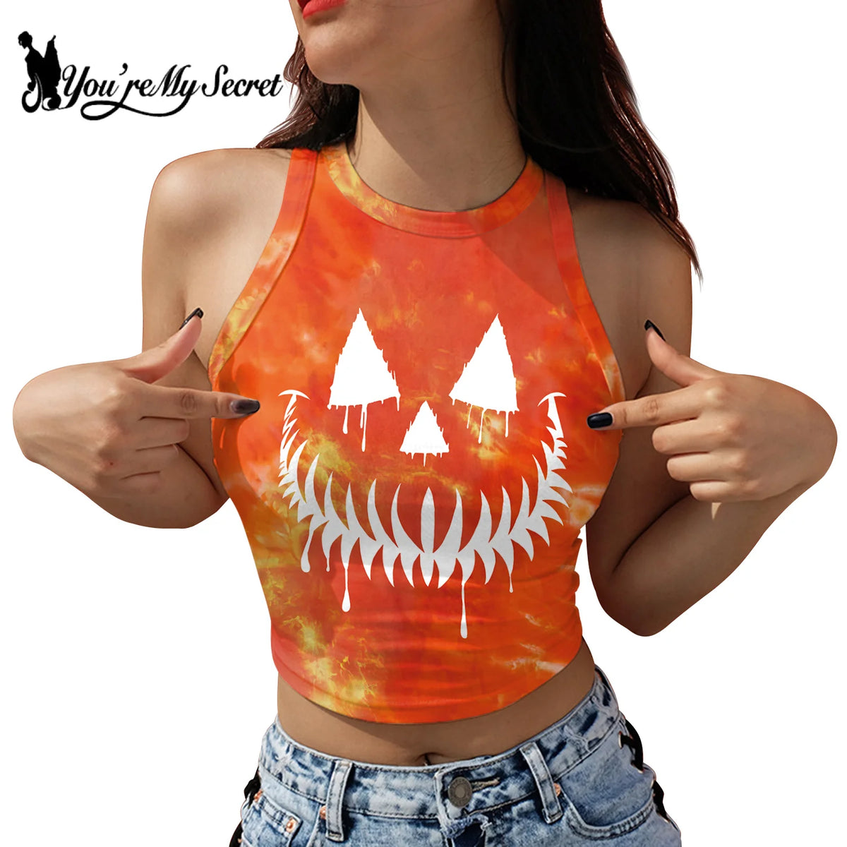 [You're My Secret] Halloween Party Pumpkin Skull Printing Tight Elastic Tie dye Tank Top For Women Summer Y2K Gothic Top