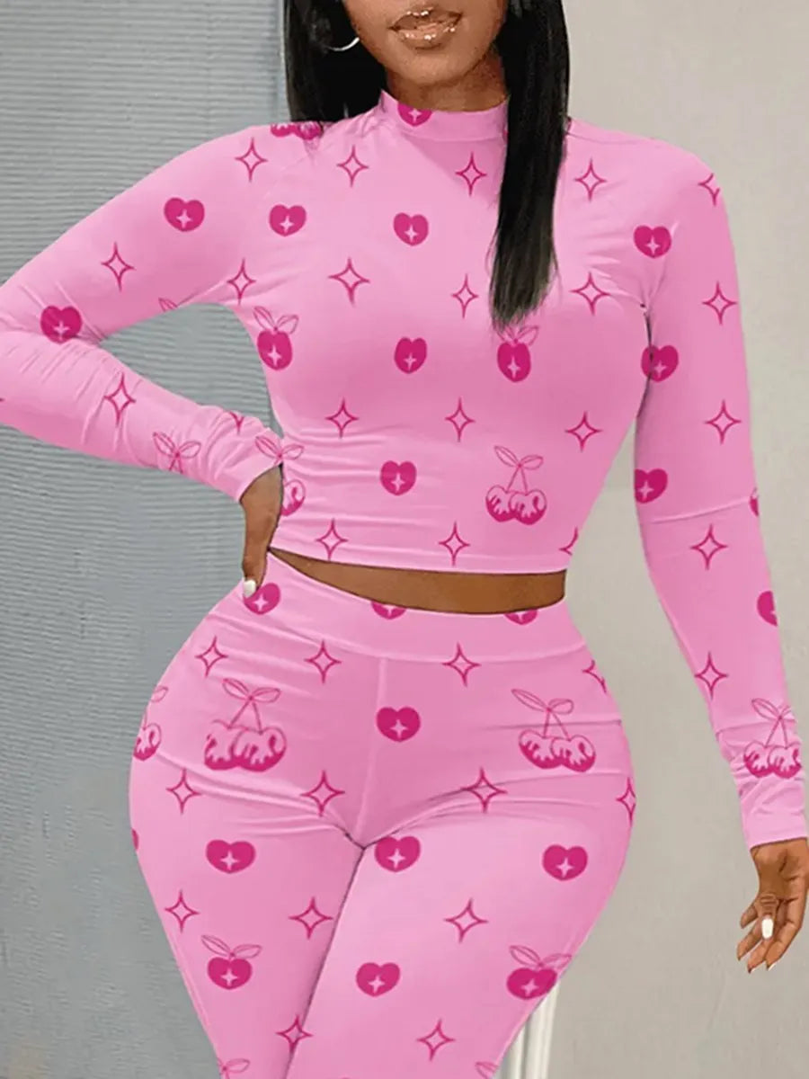 LW Plus Size Pink Fruit Print Two-Piece Pants Set - Long Sleeve Crew Neck Top & Sheath Elastic Waist Trousers