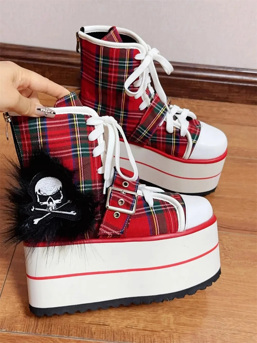 Women wasteland punk short Boots woman high Heels pumps Lady Dress party shoes round toe red plaid canvas customized shoes skull