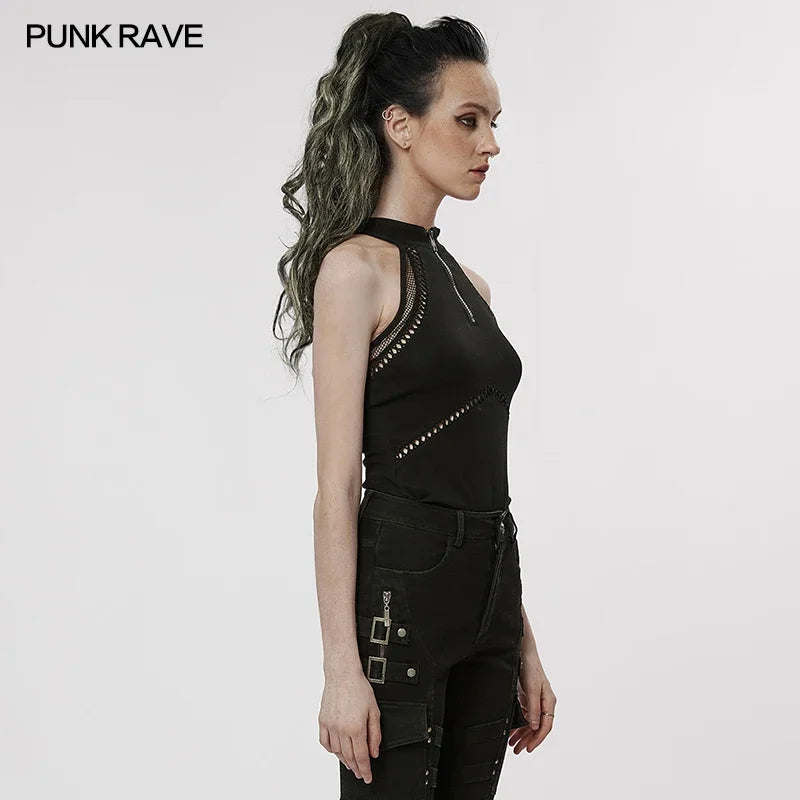 PUNK RAVE Women's Punk Slim Sexy Vest - Gothic Splicing with Elastic Mesh and Hollow Out Webbing, Black Tank Top for Summer