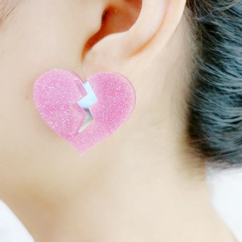 KUGUYS Cute Heartbreak Stud Earrings Women Glitter Acrylic Blue Pink Classic Jewelry Accessories