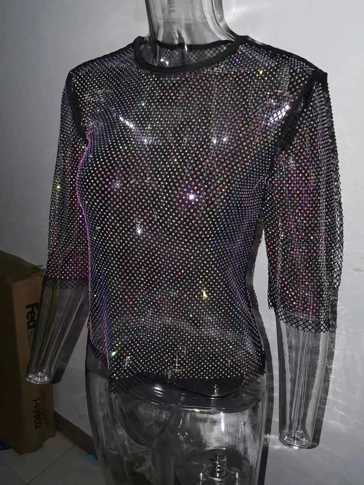 Mesh Crystal Coated Rhinestone Drilling Fishnet Party Top For Women