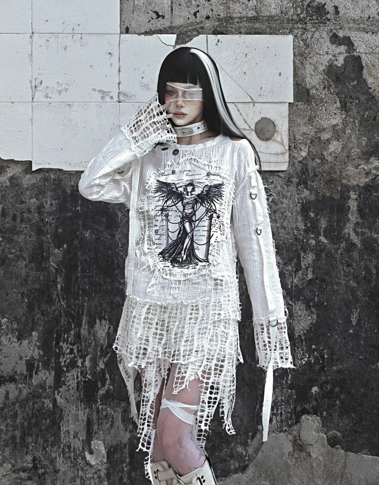 Blood Supply Distressed Knit Punk Shirt – White Asymmetric Designer Long Sleeve, Subculture Hollow Out Printed Top